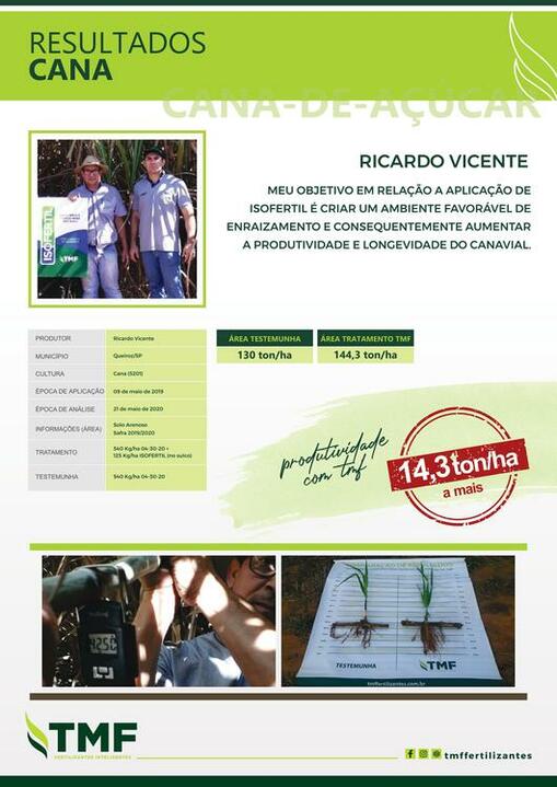 Resultado na cultura da cana-de-açúcar utilizando o fertilizante ISOFERTIL
